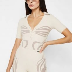 Woman Tops BODYSUITS Limited Edition Ribbed Polo Bodysuit - Beige