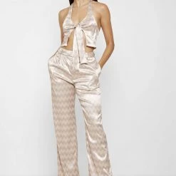 Woman Trousers Zig Zag Satin Fit And Flare Trousers - Beige