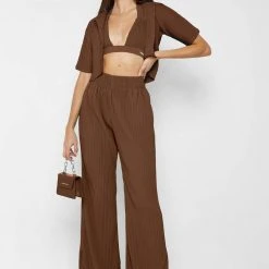 Woman Trousers Pleated Wide Leg Trousers - Brown