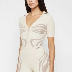 Woman Tops BODYSUITS Limited Edition Ribbed Polo Bodysuit - Beige
