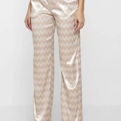 Woman Trousers Zig Zag Satin Fit And Flare Trousers - Beige