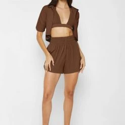 Woman Shorts Pleated High Waisted Shorts - Brown