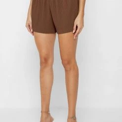 Woman Shorts Pleated High Waisted Shorts - Brown