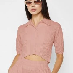 Woman Shirts Pleated Curved Hem Shirt - Pink