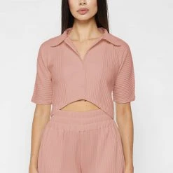 Woman Shirts Pleated Curved Hem Shirt - Pink