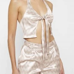 Woman Tops TOPS & T SHIRTS Zig Zag Satin Tie Front Top - Beige