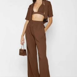 Woman Shirts Pleated Curved Hem Shirt - Brown