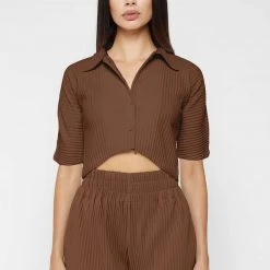 Woman Shirts Pleated Curved Hem Shirt - Brown