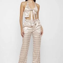 Woman Tops TOPS & T SHIRTS Zig Zag Satin Tie Front Top - Beige