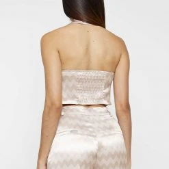 Woman Tops TOPS & T SHIRTS Zig Zag Satin Tie Front Top - Beige