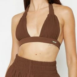 Woman Swim SWIMWEAR Pleated Bikini Top - Brown