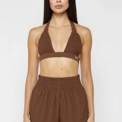 Woman Swim SWIMWEAR Pleated Bikini Top - Brown