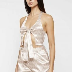 Woman Tops TOPS & T SHIRTS Zig Zag Satin Tie Front Top - Beige