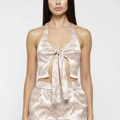 Woman Tops TOPS & T SHIRTS Zig Zag Satin Tie Front Top - Beige