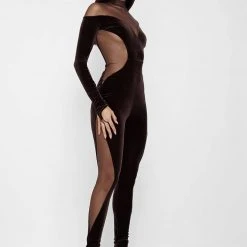 Woman Jumpsuits Velour & Mesh Contour Jumpsuit - Brown