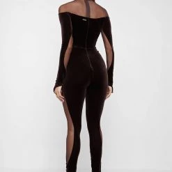 Woman Jumpsuits Velour & Mesh Contour Jumpsuit - Brown
