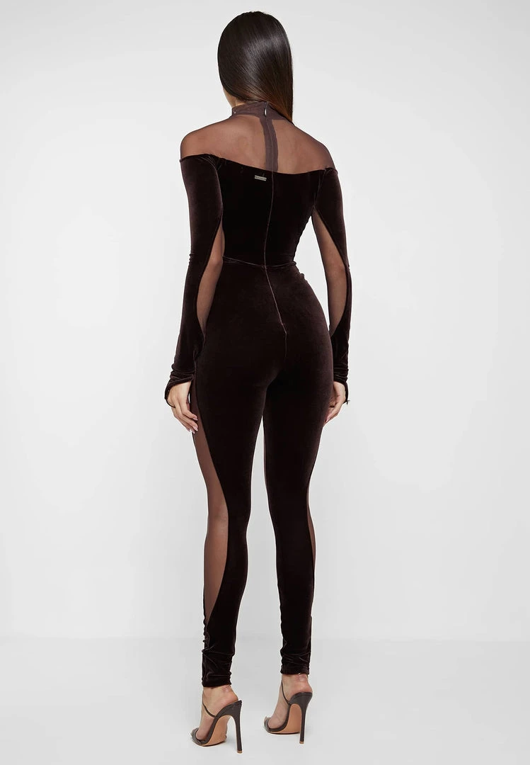 Woman Jumpsuits Velour & Mesh Contour Jumpsuit - Brown