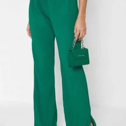 Woman Trousers Pleated Wide Leg Trousers - Green