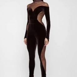 Woman Jumpsuits Velour & Mesh Contour Jumpsuit - Brown