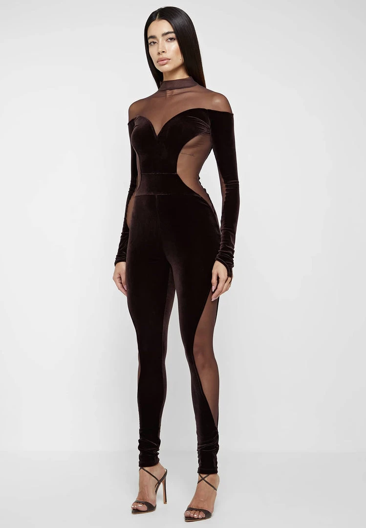 Woman Jumpsuits Velour & Mesh Contour Jumpsuit - Brown