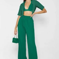 Woman Trousers Pleated Wide Leg Trousers - Green