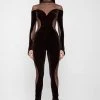 Woman Jumpsuits Velour & Mesh Contour Jumpsuit - Brown