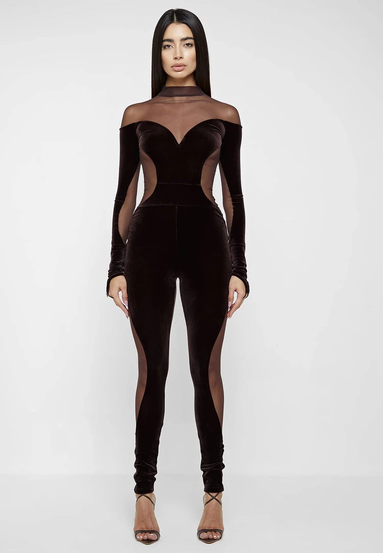 Woman Jumpsuits Velour & Mesh Contour Jumpsuit - Brown