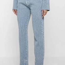 Woman Denim Textured Denim Mom Jeans - Blue