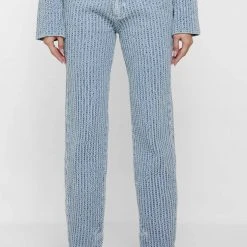 Woman Denim Textured Denim Mom Jeans - Blue