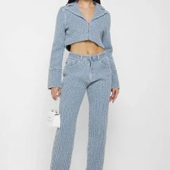 Woman Jackets Textured Denim Blazer Jacket - Blue