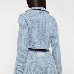 Woman Jackets Textured Denim Blazer Jacket - Blue