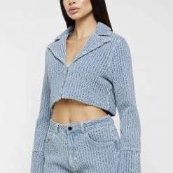 Woman Jackets Textured Denim Blazer Jacket - Blue