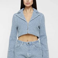 Woman Jackets Textured Denim Blazer Jacket - Blue