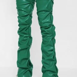 Woman Trousers Tacked Vegan Leather Flared Trousers - Green