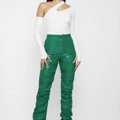 Woman Trousers Tacked Vegan Leather Flared Trousers - Green