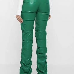 Woman Trousers Tacked Vegan Leather Flared Trousers - Green