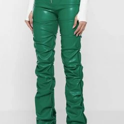 Woman Trousers Tacked Vegan Leather Flared Trousers - Green