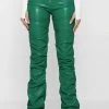 Woman Trousers Tacked Vegan Leather Flared Trousers - Green
