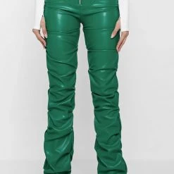 Woman Trousers Tacked Vegan Leather Flared Trousers - Green