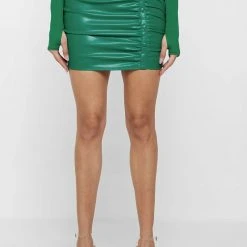 Woman Skirts Vegan Leather Ruched Mini Skirt - Green