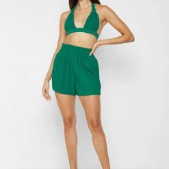 Woman Shorts Pleated High Waisted Shorts - Green