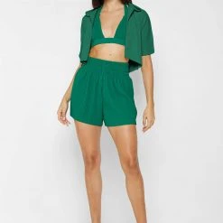 Woman Shorts Pleated High Waisted Shorts - Green