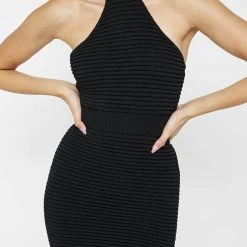 Woman Dresses Knitted Halterneck Mini Dress With Sleeves - Black