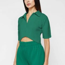 Woman Shirts Pleated Curved Hem Shirt - Green