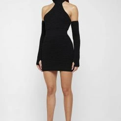 Woman Dresses Knitted Halterneck Mini Dress With Sleeves - Black