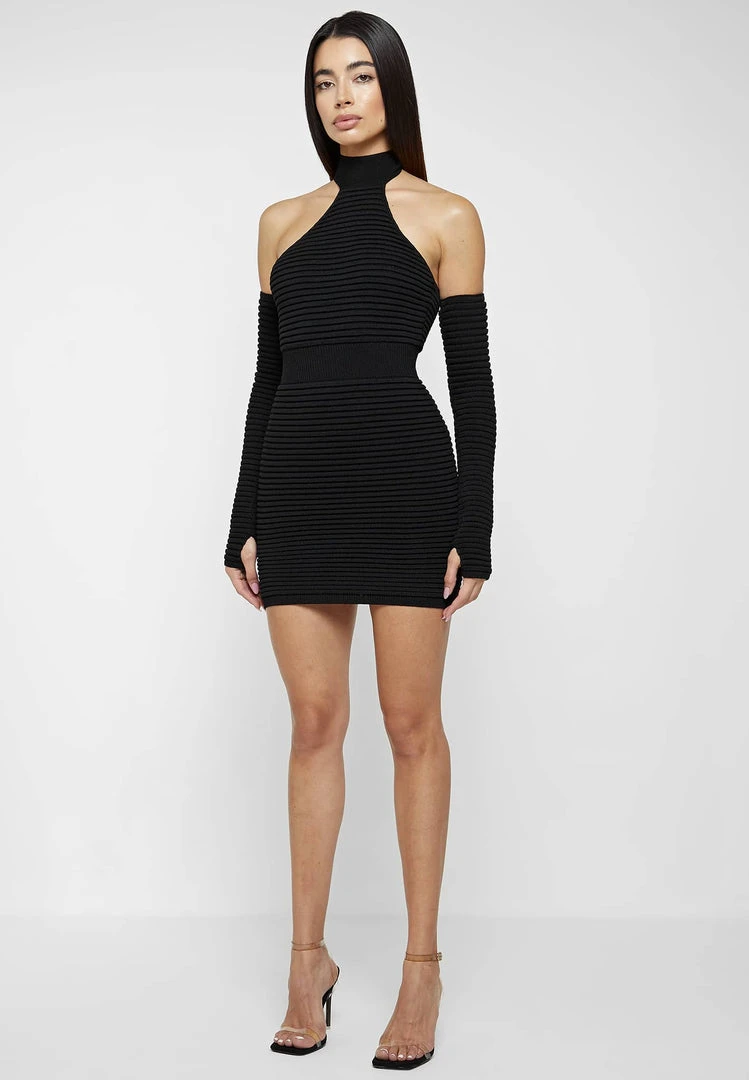 Woman Dresses Knitted Halterneck Mini Dress With Sleeves - Black