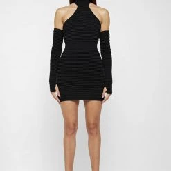 Woman Dresses Knitted Halterneck Mini Dress With Sleeves - Black
