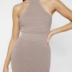 Woman Dresses Knitted Halterneck Mini Dress With Sleeves - Taupe