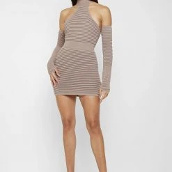 Woman Dresses Knitted Halterneck Mini Dress With Sleeves - Taupe