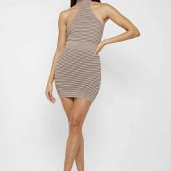 Woman Dresses Knitted Halterneck Mini Dress With Sleeves - Taupe